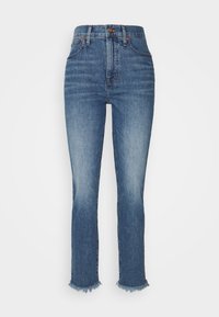 High-waisted denim jeans in light blue wash with a straight leg, raw hem detailing, and classic five-pocket design.