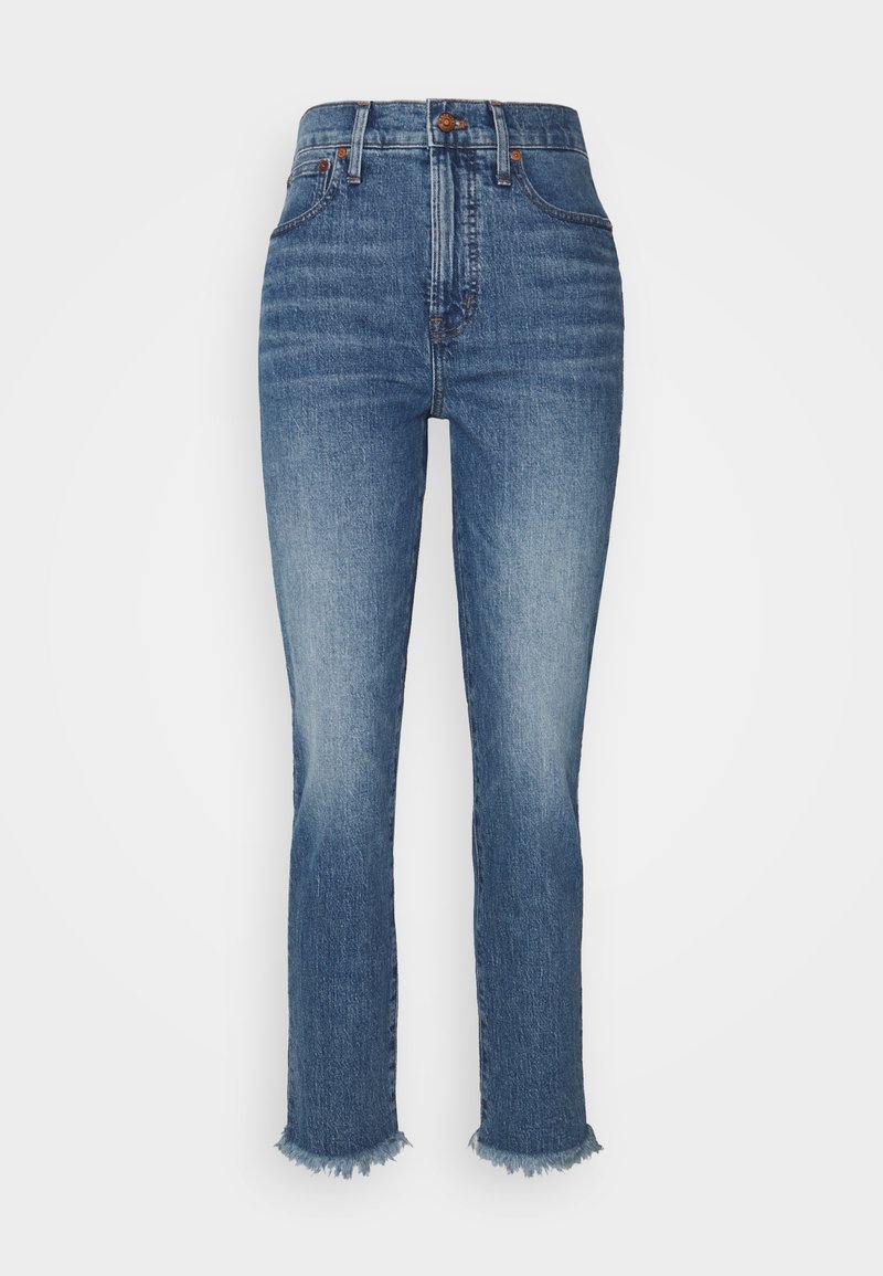 High-waisted denim jeans in light blue wash with a straight leg, raw hem detailing, and classic five-pocket design.