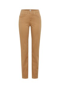 Beige Baumwollchinos mit schlankem Schnitt, Fünf-Pocket-Design und einem einzelnen Knopfverschluss. Minimale Nähdetails an den Taschen und dem Bund.