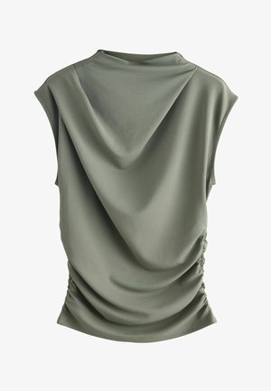 Bez piedurknēm zaļš tops ar drapētu kakla izgriezumu un sakārtotām detaļām malās, parādīts no aizmugures uz balta fona.