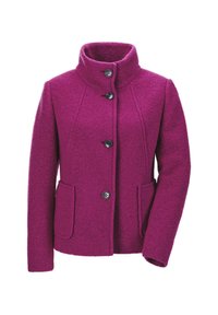 Paarse wollen blazer met hoge kraag, vier zwarte knopen en twee voorkruiszakken. Gestructureerde stof en slim fit.