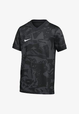 Maglia sportiva Nike nera a maniche corte con motivi astratti grigio scuro e il logo Nike bianco sul petto a destra.
