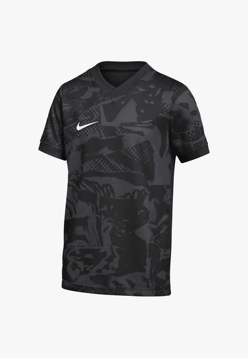 Maglia sportiva Nike nera a maniche corte con motivi astratti grigio scuro e il logo Nike bianco sul petto a destra.