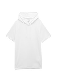 Weiße Kurzarm-Hoodie aus leichtem Stoff mit einer vorderen Kängurutasche, Kordelzug und nahtlosem Schulterdesign.