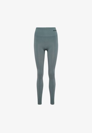 Grijze leggings van rekbaar materiaal met een hoge tailleband, met een gladde textuur en een logodetail op de taille.