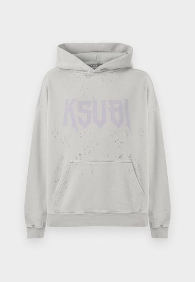 Felpa leggera grigia con tasca frontale, caratterizzata da un grande logo viola "KSUBI" e dettagli invecchiati. Realizzata in un tessuto morbido con una vestibilità comoda.