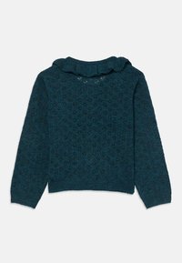 Suéter tricotado em verde água com um padrão texturizado, decote franzido, mangas longas e bainha canelada. Detalhe de openwork leve por toda a peça.