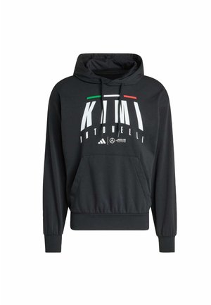Black hooded sweatshirt with a front pocket, featuring bold white text and red and green accents. Made of soft, textured fabric.