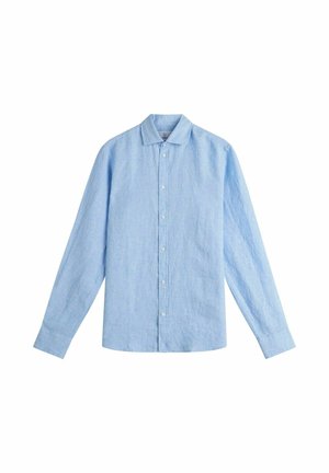 Chemise bleu clair à manches longues avec col et boutons, étalée à plat sur un fond blanc.
