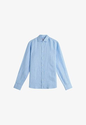 Vaaleansininen pitkähihainen kauluksellinen nappipaita, esitettynä tasaisesti valkoista taustaa vasten.