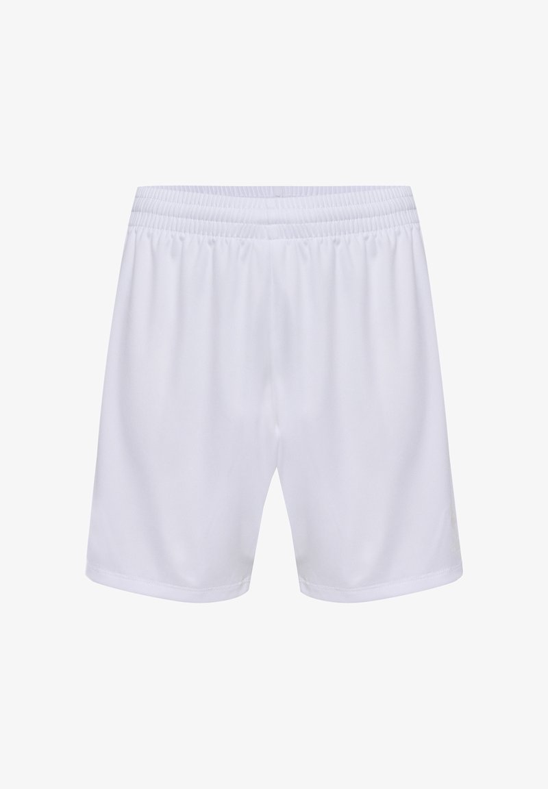 Białe sportowe spodenki z elastycznym pasem i gładkim, lekkim materiałem. Prosty krój nogawek; brak widocznych nadruków lub logo.