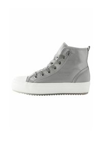 High-top sneaker in light gray fabric with rubber white sole, round toe, lace-up front, and contrasting stitching. Features a rear pull tab.
