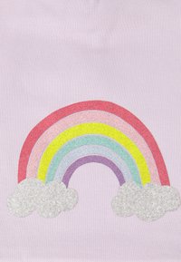 Rainbow with six colorful glittery arcs ending in two silver glittery clouds on a light purple textured background.