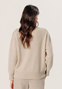 Beige Strickpullover mit lockerer Passform, gerippten Ärmeln und Saum sowie einer glatten Textur, von hinten gezeigt.