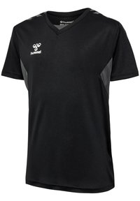 Maillot de sport noir à manches courtes avec panneaux latéraux gris, col en V et logo blanc de hummel sur la poitrine et les épaules.