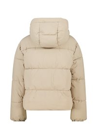 Giubbotto imbottito beige con cappuccio, caratterizzato da un design trapuntato e polsini elasticizzati. Tessuto morbido e liscio con taglio cropped.