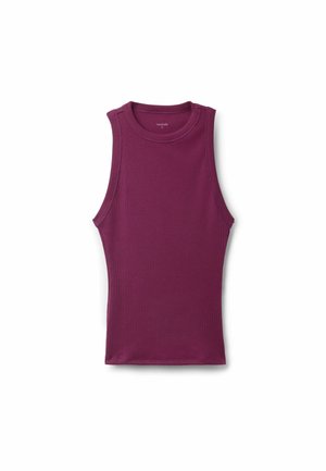 Débardeur sans manches de couleur violette avec une texture côtelée et un col rond, présentant un design ajusté sans quincaillerie visible ni motifs.