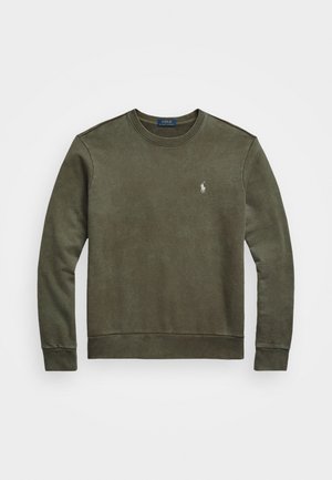 Oliivinvihreä pitkähihaisen pyöreäkauluscollegepaita, jossa pieni valkoinen Ralph Lauren Polon logo vasemmassa rinnassa.