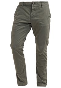 Oliwkowe, dopasowane spodnie wykonane z miękkiej bawełnianej tkaniny o gładkiej fakturze, z zapięciem na guzik z przodu i kieszeniami bocznymi.