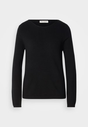 Must musta värviga pikkade varrukatega sviiter on valmistatud pehmest kangast, millel on ümar kaelus ning soonikud varrukate otsades ja äärel. Sviiteril on sile tekstuur ja lihtne disain.