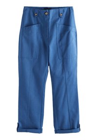 Blauwe wijde broek gemaakt van een textuurstof. Voorzien van twee steekzakken, twee knopen bij de taille en opgerolde manchetten.