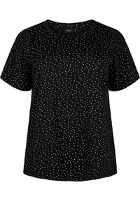 Schwarzes T-Shirt mit kurzen Ärmeln und weißem Tupfenmuster. Legere Passform mit rundem Ausschnitt und weichem, strukturiertem Stoff.