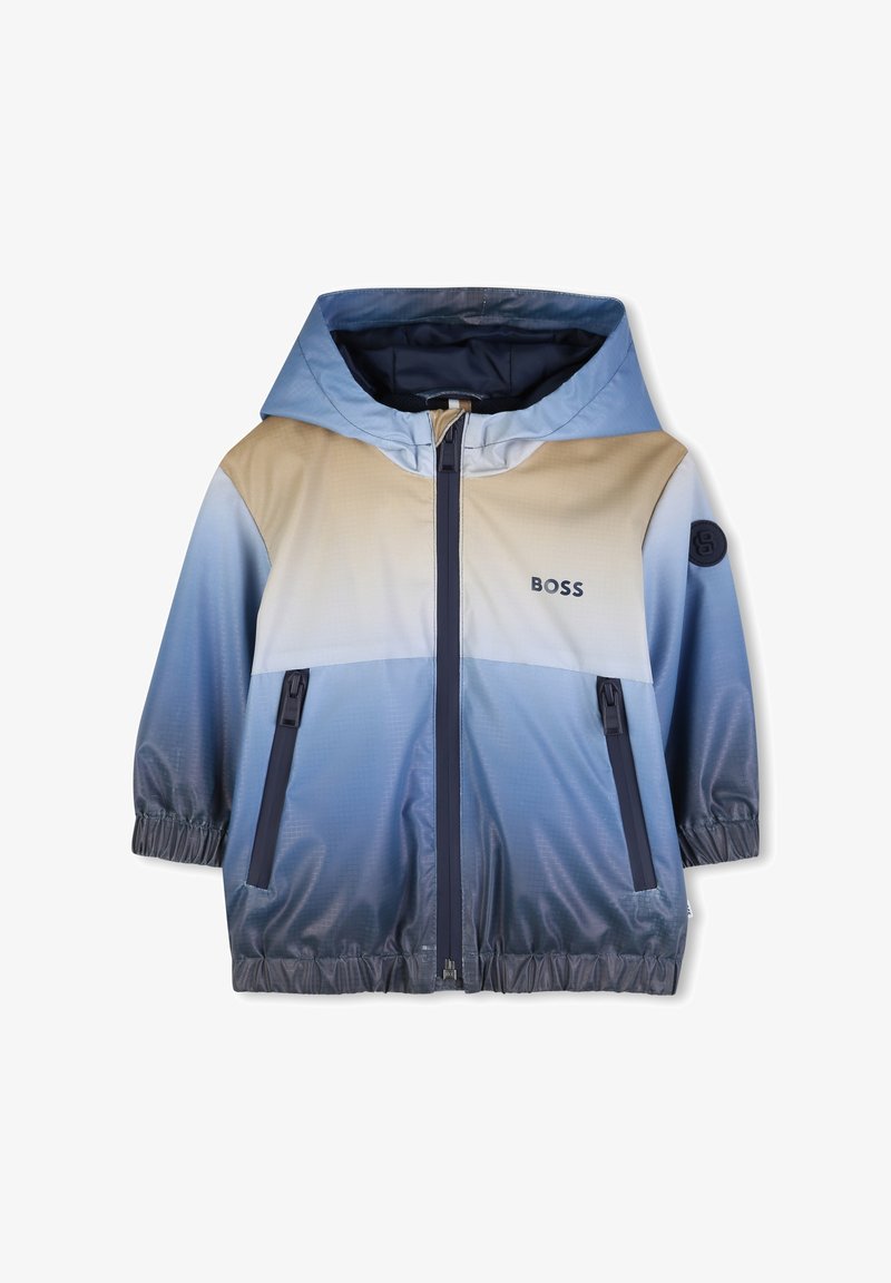 Παιδικό μπουφάν BOSS, ελαφρύ, ύφασμα με μπλε διαβάθμιση, κλείσιμο με φερμουάρ, δύο εμπρόσθιες τσέπες, με κουκούλα, ελαστικές μανσέτες, λογότυπο στη μανσέτα.