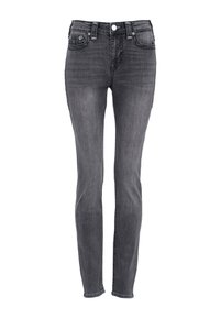 Jeans skinny in denim grigio scuro con un classico design a cinque tasche, caratterizzati da una chiusura a zip e bottone. Dettagli di cucitura minimalista.
