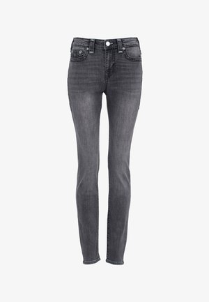 Jeans ajustados en denim gris oscuro con un diseño clásico de cinco bolsillos, que cuentan con una cremallera y un cierre de botón. Detalles de costura minimalista.