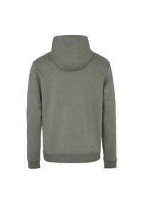 Felpa verde-grigio con una texture liscia, dotata di cappuccio regolabile, maniche lunghe e polsini e orlo a coste. Design minimalista.