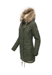 Grønn parkajakke med hette av kunstig pels, som har to store frontlommer, snøring i livet og knapper. Teksturert stofffinish.