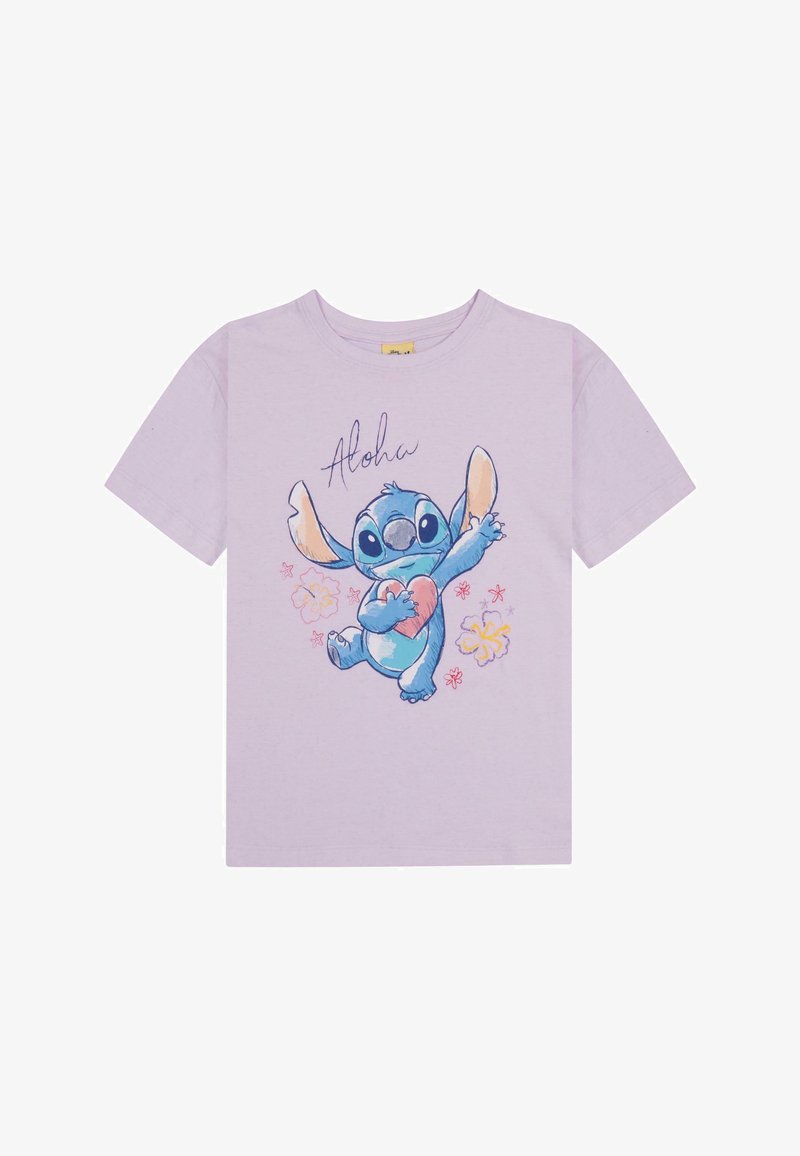 Lila Baumwoll-T-Shirt mit einem Cartoon-Charakter mit großen Ohren, dem Text "Aloha" und floralen Designs in rosa und gelben Akzenten.