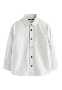 White button-up shirt made of a soft fabric, featuring two chest pockets, a classic collar, and brown buttons on the front.