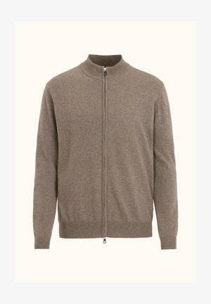 Cardigan marrone a zip con collo alto, polsini e fondo a costine. Presenta una cerniera metallica e una texture morbida.