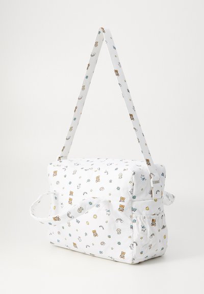 White fabric bag with colorful cartoon animal and nature patterns. Features a front pocket, adjustable strap, and side handle. Rectangular shape.
