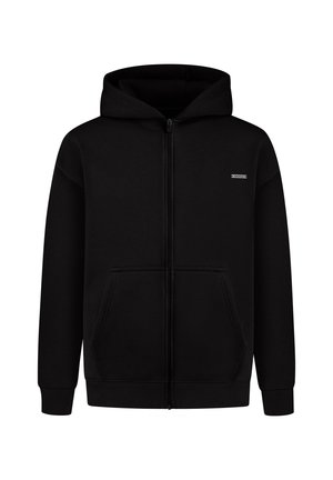 Zwarte zip-up hoodie van zacht materiaal, met een voorkant zak, ribgebreide manchetten en een trekkoordkap. Klein logo op de linkerkant van de borst.
