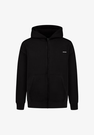 Sudadera con cremallera negra hecha de tejido suave, que cuenta con un bolsillo frontal, puños de canalé y una capucha con cordón. Pequeño logo en el lado izquierdo del pecho.