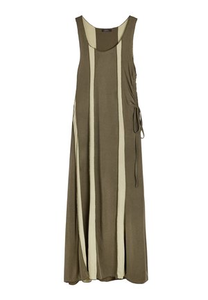 Sukienka bez rękawów w oliwkowym kolorze z kremowymi pionowymi paskami, z bocznym marszczeniem i regulowanym wiązaniem. Miękka, zwiewna tkanina o luźnym kroju.