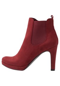 Red suede ankle boot with a rounded toe, high heel, and elastic side panels. Features a smooth finish and a pull tab for easy wear.