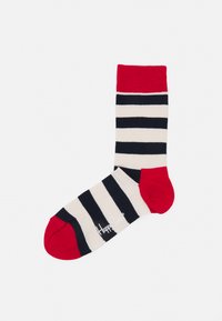 Cotton socks with red top and toe, featuring horizontal navy and cream stripes. Includes brand logo near the ankle.