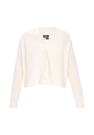 Cardigan accorciato a coste di colore bianco sporco, con un profondo scollo a V e tre grandi bottoni sul davanti. Morbido al tatto, con maniche lunghe.