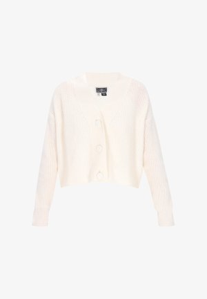 Skórzany kardigan w kolorze ecru, z głębokim dekoltem w kształcie litery V i trzema dużymi guzikami z przodu. Miękka tekstura, długie rękawy.