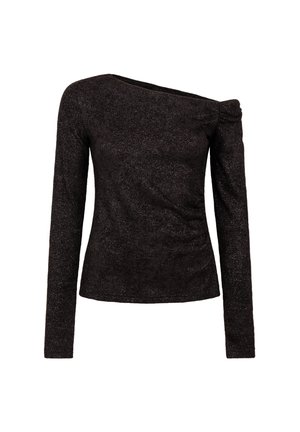 Zwart lang mouwtop met een off-shoulder ontwerp, voorzien van een subtiele glans, een gladde textuur en een geplooide detail op één mouw.