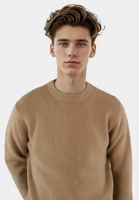 Bruine geribbelde breiselsweater met een ronde halslijn en lange mouwen, met een zachte textuur en een ontspannen pasvorm. Minimalistisch ontwerp, neutrale kleur.