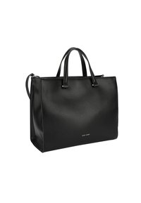 Bolso tote negro hecho de cuero texturizado con dos asas superiores y una correa de hombro desmontable. Presenta herrajes en tono plateado y logo.