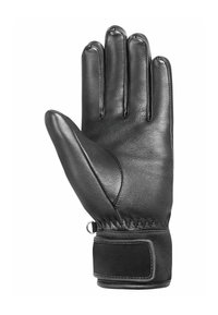 Schwarze Lederhandschuhe mit strukturierter Oberfläche, eng anliegendem Handgelenk und elastischem Band. Verfügen über einen verstärkten Daumen und ein glattes Innenfutter.