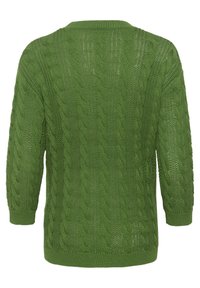 Grüner Pullover aus Kabelstrick, lange Ärmel, runder Halsausschnitt, strukturiertes Muster, gerippte Bündchen und Saum, aus einem weichen, atmungsaktiven Material gefertigt.