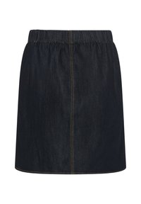 Jupe en denim foncé avec taille élastique et coutures visibles en contraste vertical et horizontal, présentée sur fond blanc.