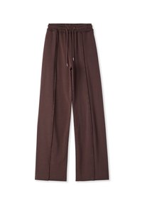 Pantaloni marroni a gamba larga con vita elasticizzata e coulisse, caratterizzati da una texture liscia e dettagli a cucitura verticale.