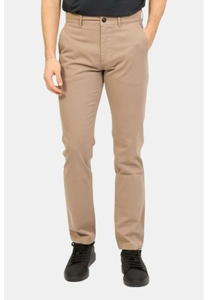 Chinos beige con taglio dritto, realizzati in tessuto misto cotone, dotati di tasche frontali, chiusura con bottone e design minimalista.